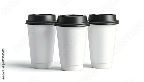 Three white paper coffee cups with black lids