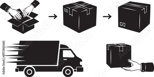 Logistics and shipping process with boxes and truck illustration