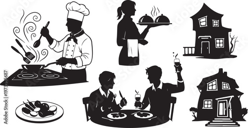 Restaurant and home cooking illustration with silhouettes of people eating