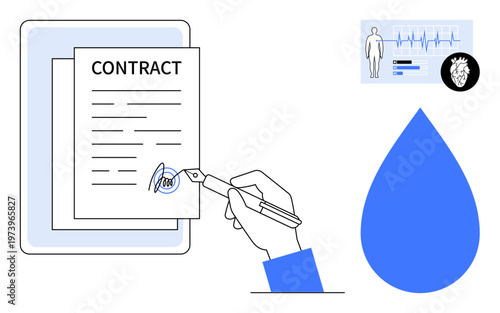 Business agreements, digital healthcare, medical data, technology, wellness, documentation. Hand signs a contract while medical and water icons are visible. Business agreements and digital healthcare