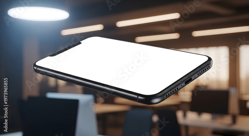 Floating smartphone with white screen mockup in modern office environment showcasing wireless technology and connectivity.