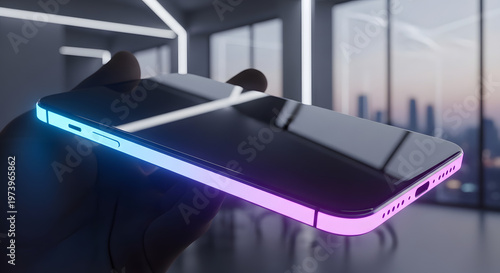 Advanced smartphone mockup featuring vibrant purple and blue illuminated edges over blurred urban landscape office window.