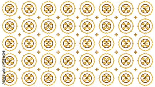 Seamless pattern with elegant golden and brown geometric circles, featuring ornate vintage-style motifs on a clean white background, ideal for decorative textiles, classic wallpaper, luxury