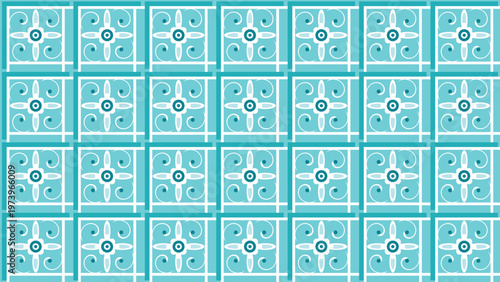Seamless pattern featuring geometric squares and abstract floral motifs in vibrant turquoise, teal, and white, creating a modern decorative background or elegant textile print, ideal for