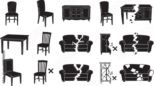 Furniture icons set with broken and whole silhouettes collection