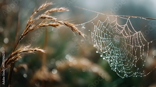Spiderwebs wet with rain and dew