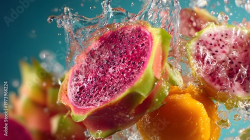 A close-up of the moment a halved piece of fruit falls into the water.