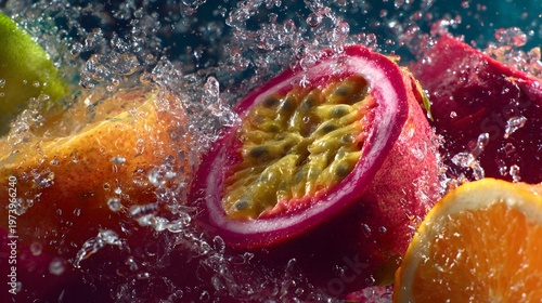 The moment the fruit falls, creating a splash of water.