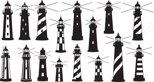 Collection of various lighthouse silhouettes in black and white