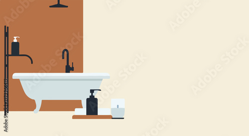 A minimalist vector illustration of a bathroom featuring a white clawfoot bathtub and spa accessories against a simple two-tone background.