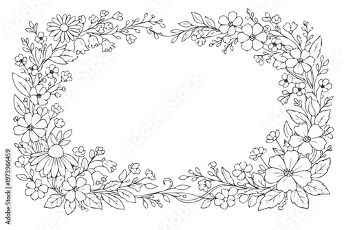 Vector frame illustration featuring a harmonious arrangement of flowers and leaves, designed with elegant lines and balanced composition, creating a fresh and natural decorative look.