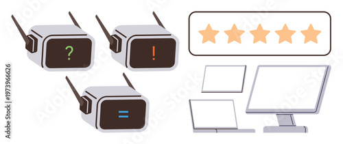 Artificial intelligence, automation, customer service feedback, star ratings, tech reviews, digital assessments. Robots with query symbols, monitor laptop and review stars. AI and customer service