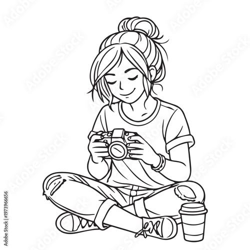 Vector illustration of a young woman sitting while operating her camera, capturing a focused learning moment as she explores how to use and control photography tools.