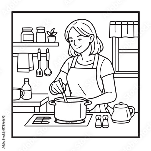 Vector frame illustration of a mother cooking in a cozy kitchen, surrounded by utensils, ingredients, and warm light, capturing a homely and nurturing daily scene indoor.