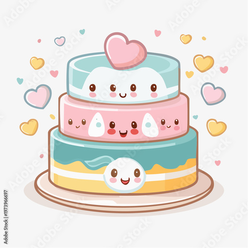 Cute Kawaii Birthday Cake with Hearts and Smiling Faces Illustration