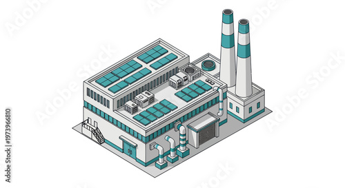 Isometric Industrial Factory Building with Solar Panels and Chimneys.