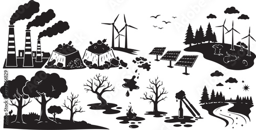 Environmental contrast of pollution and renewable energy sources illustration