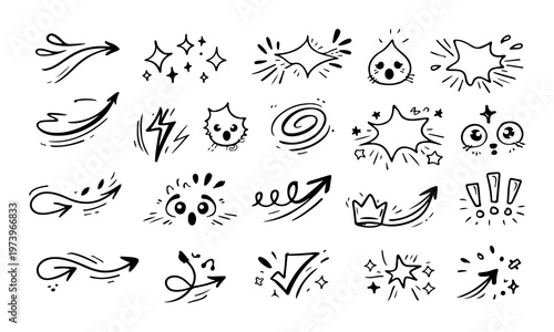 Line Hand‑Drawn Cute Movement Element Effect Sketch Shape, Doodle Motion Arrow Emphasis Sparkle Shock Emotion Cartoon Chalk Icon Vector Illustration
