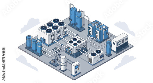 Isometric Industrial HVAC and Water Treatment System Illustration.