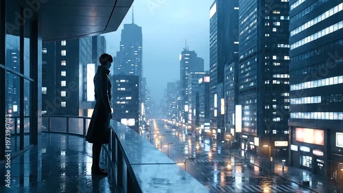 Woman on city balcony overlooking street.