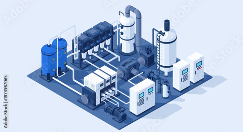 Isometric Industrial Plant with Complex Machinery and Piping System.