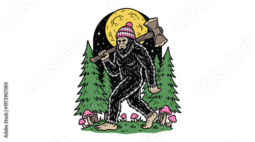 Bigfoot Sasquatch Lumberjack Carrying Axe Wearing Beanie in Pine Forest Under Full Moon Illustration Vector