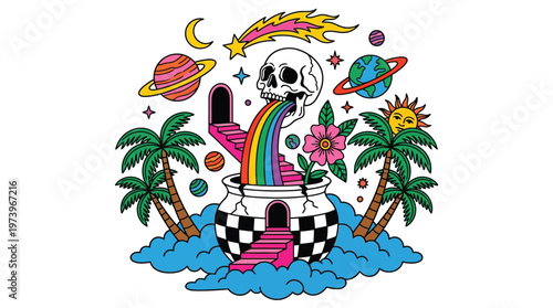Trippy Surreal Psychedelic Art Illustration with Skull Rainbow Planets and Palm Trees for Streetwear and Poster Design