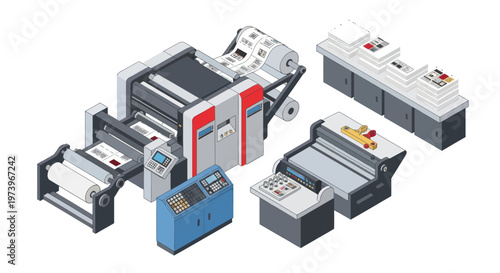 Isometric Industrial Printing Press and Equipment for Commercial Use.