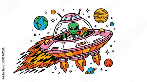 Vibrant Cartoon Alien in Flying Saucer Holding Pizza Slice in Outer Space with Planets and Stars Illustration