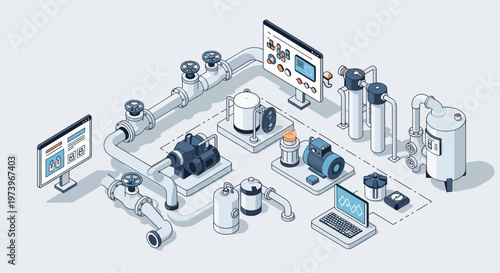 Isometric Industrial Water Treatment and Filtration System.
