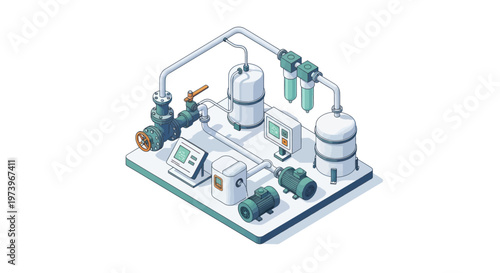 Isometric Industrial Water Treatment and Filtration System Illustration.