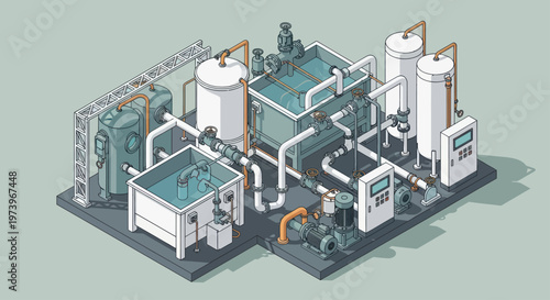 Isometric Industrial Water Treatment Plant Illustration.