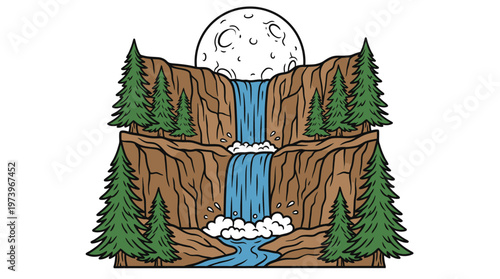 Vintage Style Illustration of a Two Tiered Waterfall with Cliffs Evergreen Trees and Full Moon Background