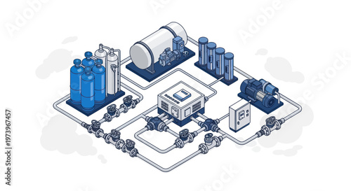 Isometric Industrial Water Treatment and Purification System Diagram.