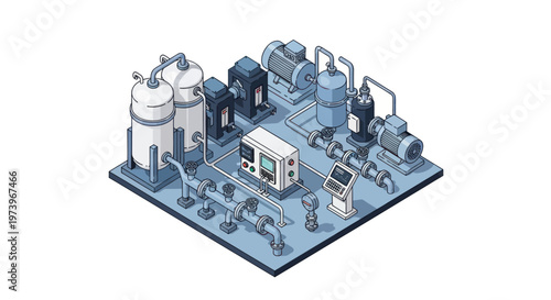 Isometric Industrial Water Treatment Plant Illustration.