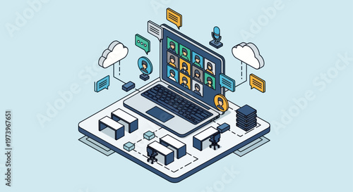Isometric Laptop with Video Conference and Cloud Computing Elements.