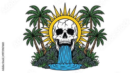 Vintage Hand Drawn Skull with Waterfall and Palm Trees Illustration for Clothing Brand Surf and Skate Culture