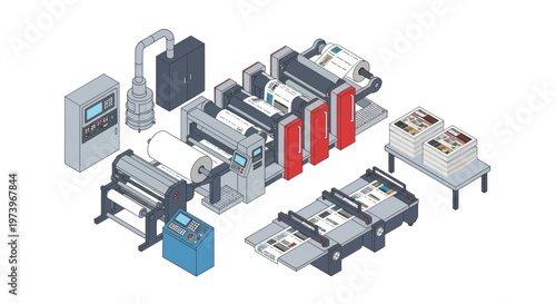 Isometric Printing Press Machine with Paper Roll and Finished Prints.