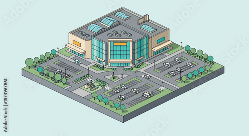 Isometric Shopping Mall Building with Parking Lot and Greenery.