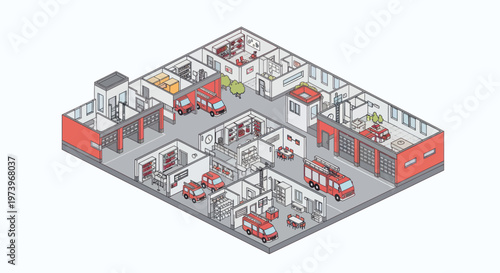 Isometric view of a detailed fire station floor plan with multiple bays and rooms.