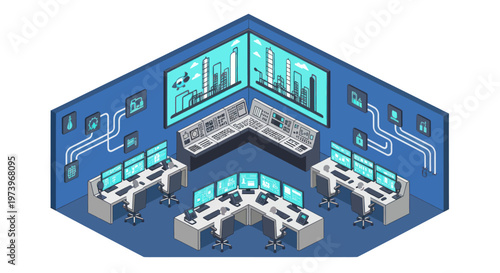 Isometric view of a high-tech control room with multiple workstations and large data displays.