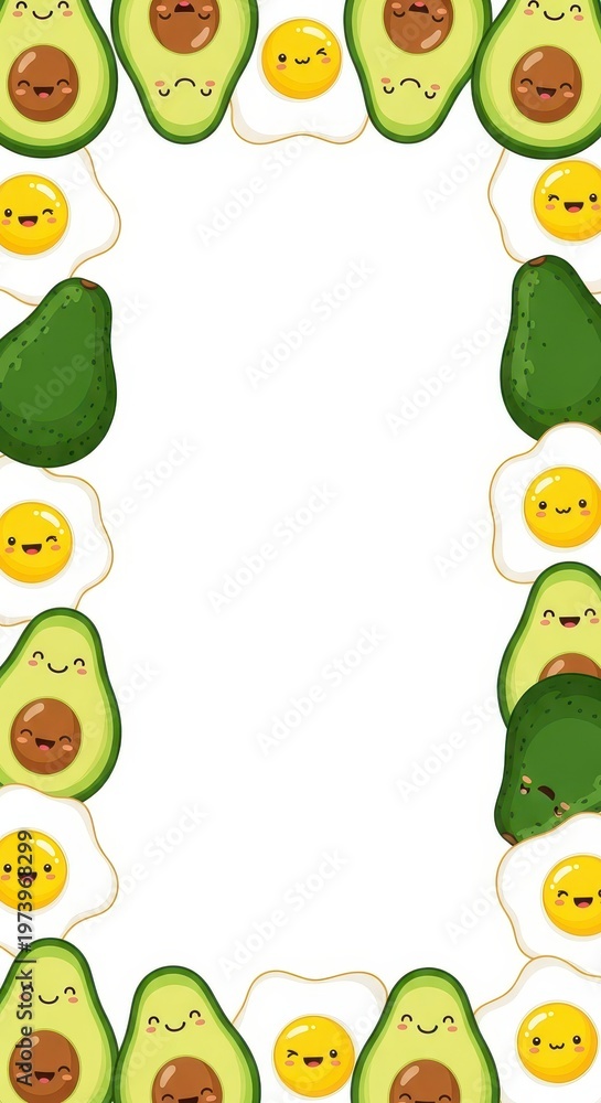 Fototapeta premium Cute avocado and fried egg characters form a decorative frame on a white background.