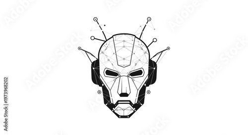 Cybernetic Head with Antennae and Headphones, Futuristic Technology Concept