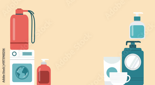 This vector illustration displays household essentials like a washing machine and various liquid soap bottles against a minimalist peach backdrop.