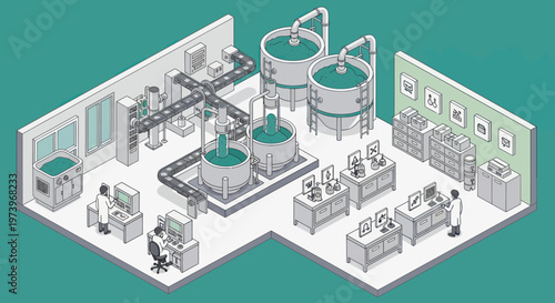 Isometric view of a modern industrial manufacturing and research facility.
