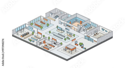Isometric view of a modern office building floor plan with various rooms and furniture.