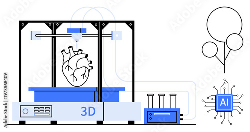 Medical technology, 3D printing, artificial intelligence, innovation, biotechnology, healthcare applications. A 3D printer fabricating a human heart with AI and circuit icons. Medical technology