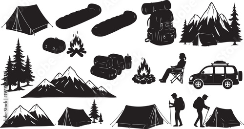 Camping icons and travel silhouettes for adventure seekers outdoors
