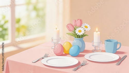 Easter table setting with eggs flowers and candles