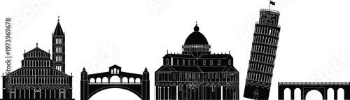 Famous European Landmarks Silhouette Set with Pisa Tower Cathedral Bridge and Historic Architecture Travel Vector Illustration